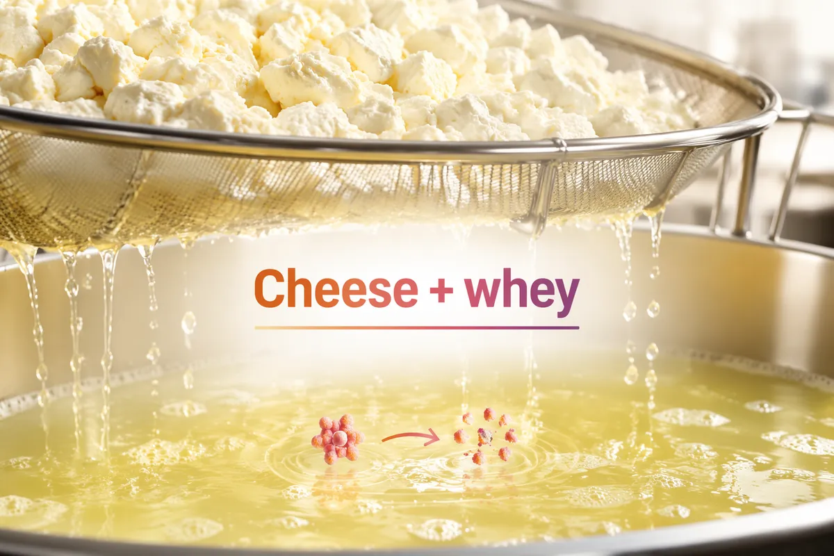 Fresh cheese curd in a steel strainer with whey draining into a stainless vat below, the point where the whey side stream begins