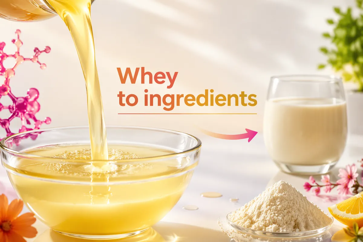 Pale whey being poured into a glass bowl, with a glass of creamy dairy base and a pile of whey ingredient powder beside it